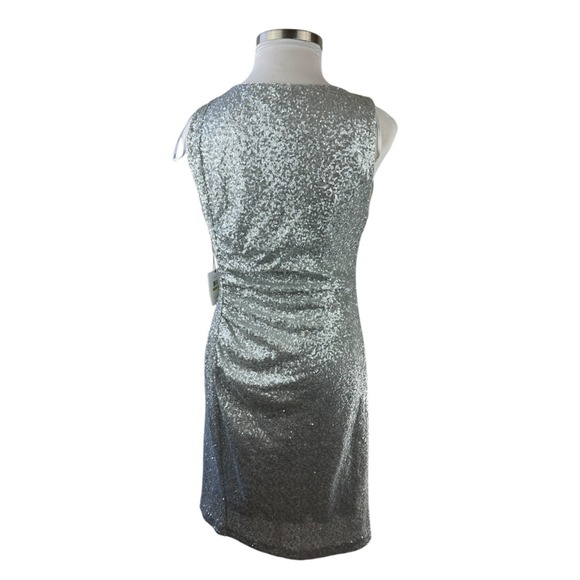 NWT Calvin Klein Sequin Ruched Sheath Shift Dress Silver Pleated Bodycon Size 14 - Picture 12 of 16